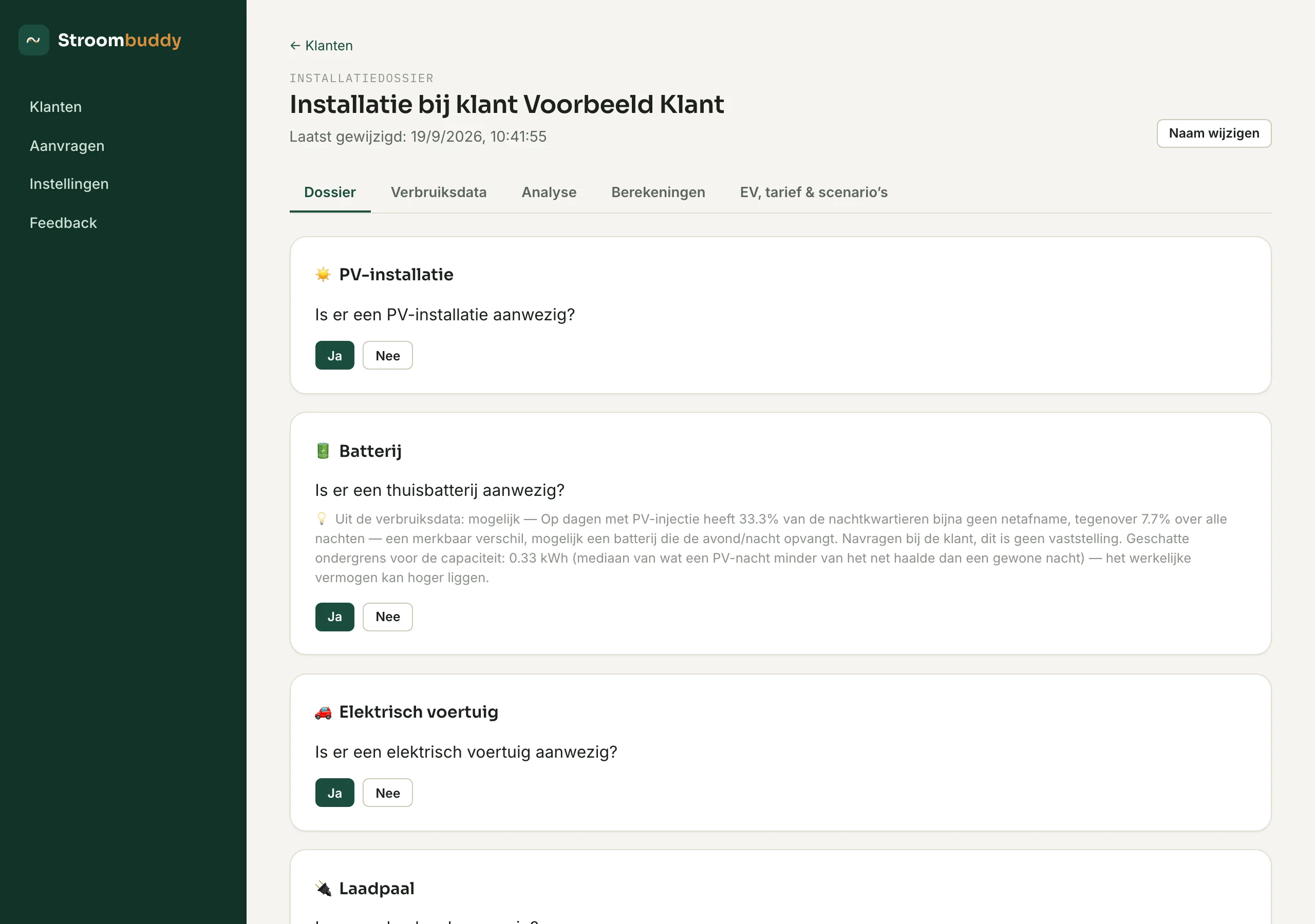 Stap-per-stap vragenlijst voor PV, batterij, elektrisch voertuig en laadpaal bij een installatiedossier